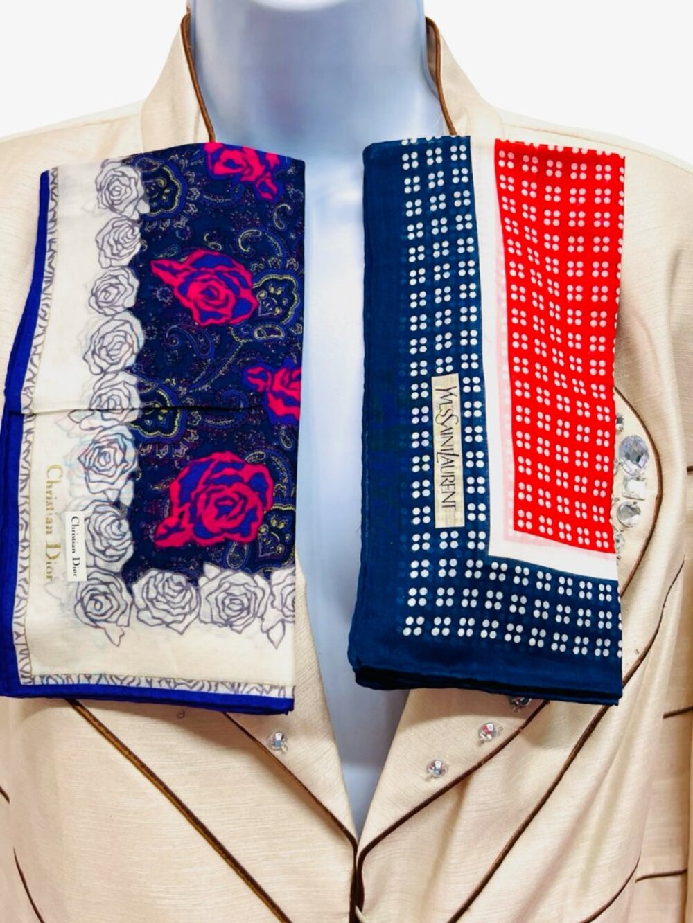 2) New Christian Dior & YSL Mini Scarf/Neck-kerchief Cott 18.5" Red Blue (19 - Picture 3 of 16